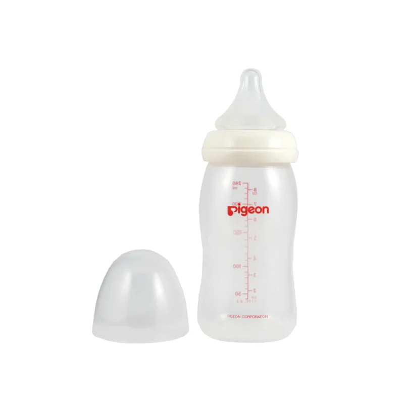 Mamadera Pigeon Soft Touch 240 ml boca ancha con tetina peristáltica flujo medio y sistema anticólicos.