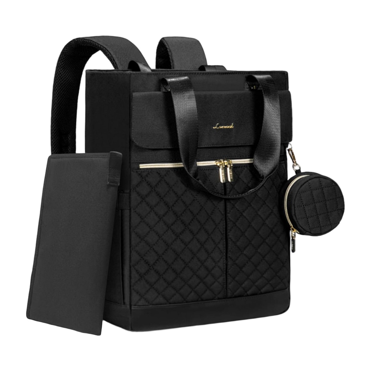 Bolso maternal mochila total black elegante con diseño acolchado y detalles dorados