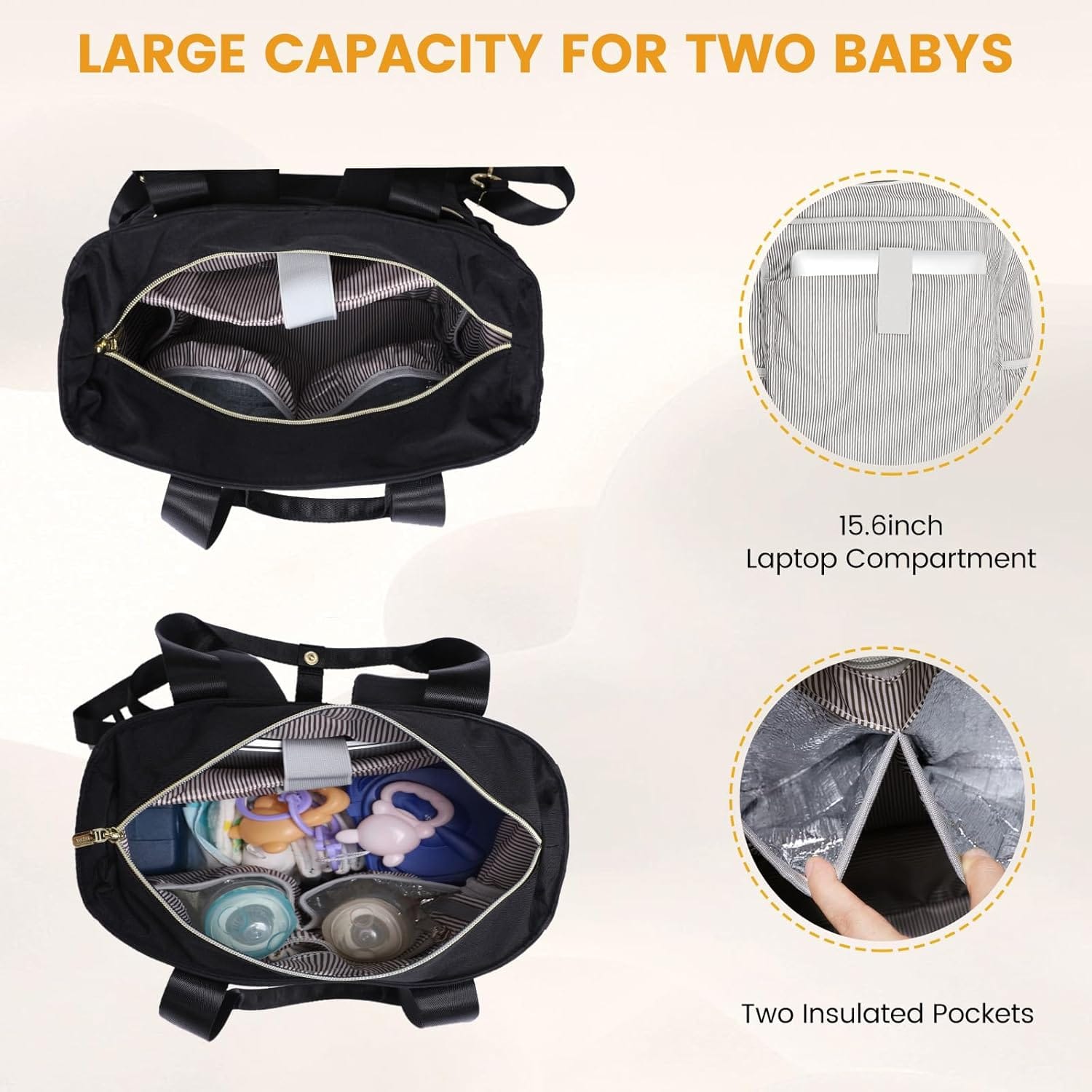 Interior del bolso maternal total black con compartimentos térmicos y laptop