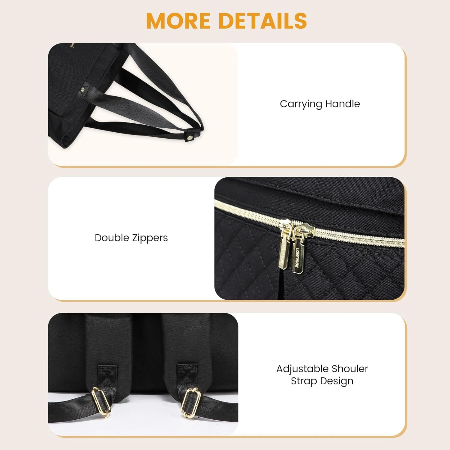 Detalles del bolso maternal total black con cambiador y monedero desmontable
