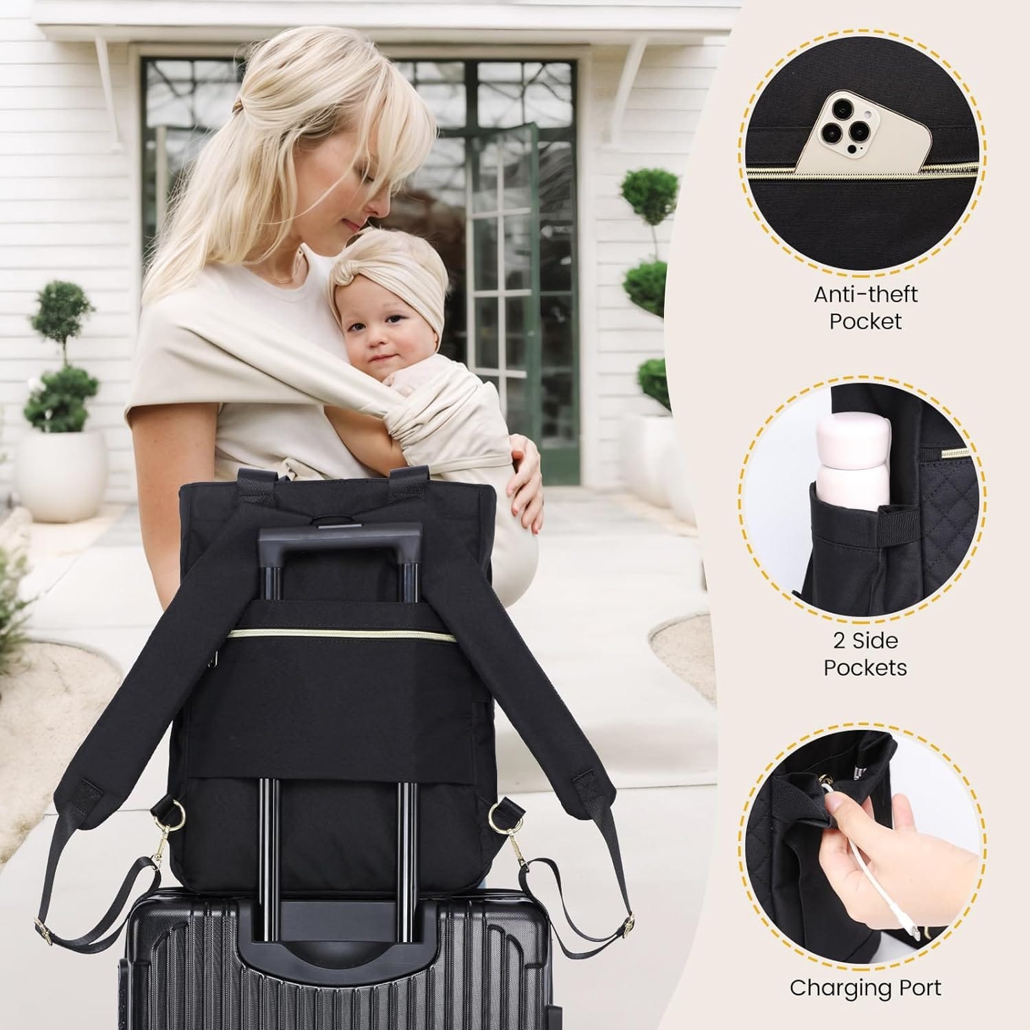Bolso maternal total black ideal para viajes y salidas con guagua