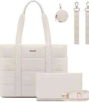 Bolso maternal Puffer Emma color beige con cambiador y porta chupete