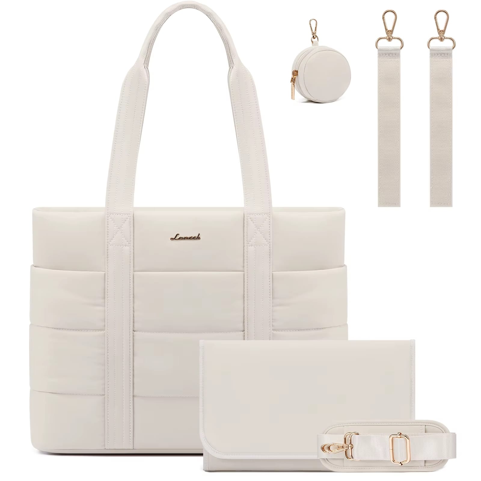 Bolso maternal Puffer Emma color beige con cambiador y porta chupete