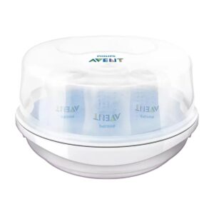 Esterilizador Philips Avent con tapa mostrando mamaderas esterilizadas