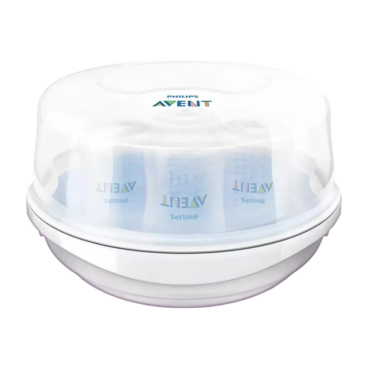 Esterilizador Philips Avent con tapa mostrando mamaderas esterilizadas