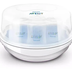 Esterilizador Philips Avent con tapa mostrando mamaderas esterilizadas