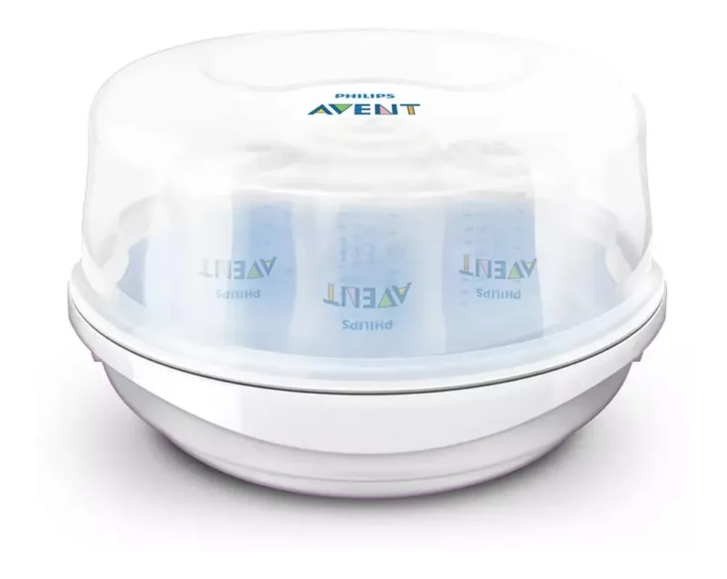 Esterilizador Philips Avent con tapa mostrando mamaderas esterilizadas