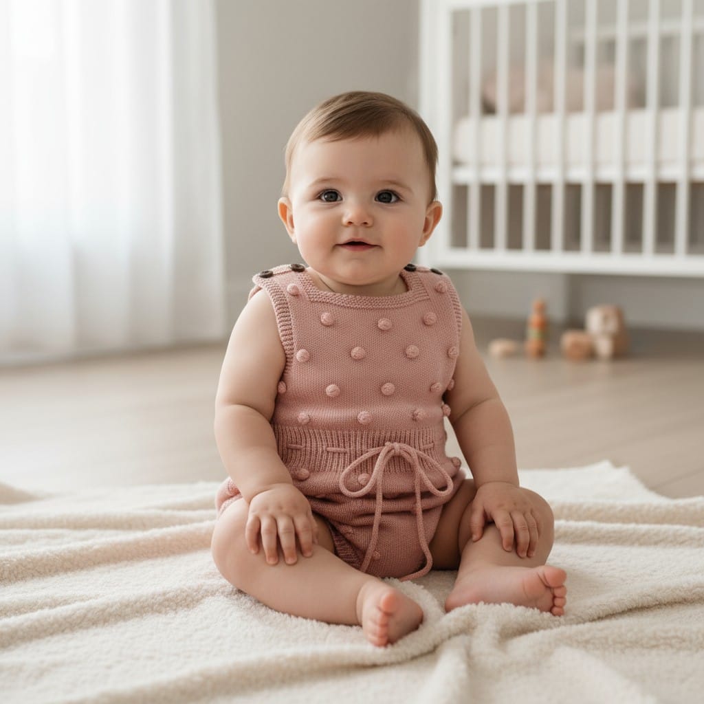 Bebé con Enterito tejido 100% algodón para bebé con pompones Rosa