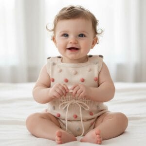 Bebé con Enterito tejido 100% algodón para bebé con pompones beige