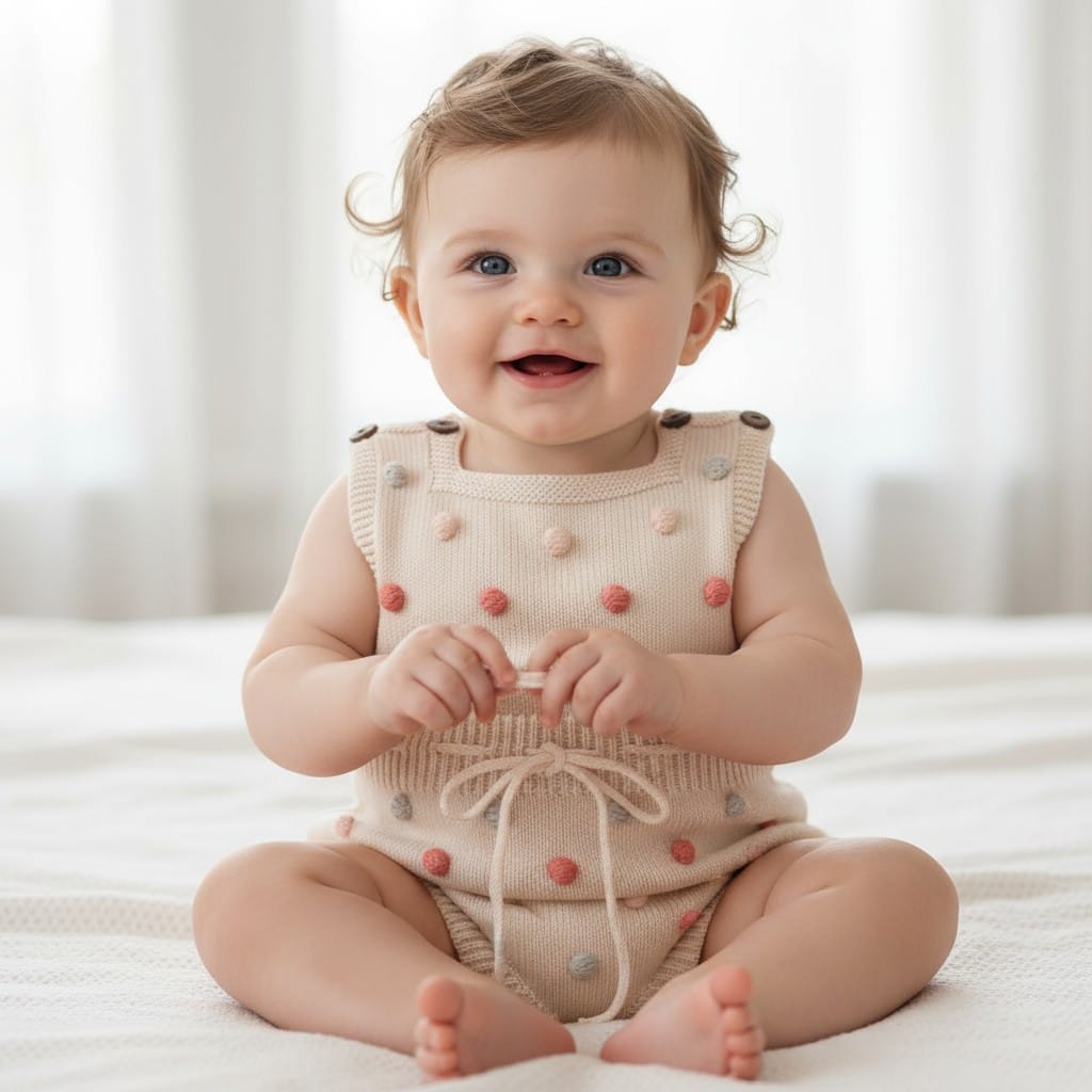 Bebé con Enterito tejido 100% algodón para bebé con pompones beige