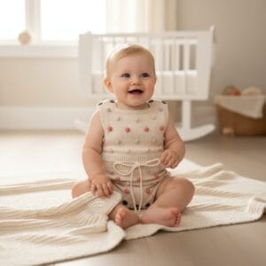 Enterito tejido 100% algodón para bebé con pompones beige