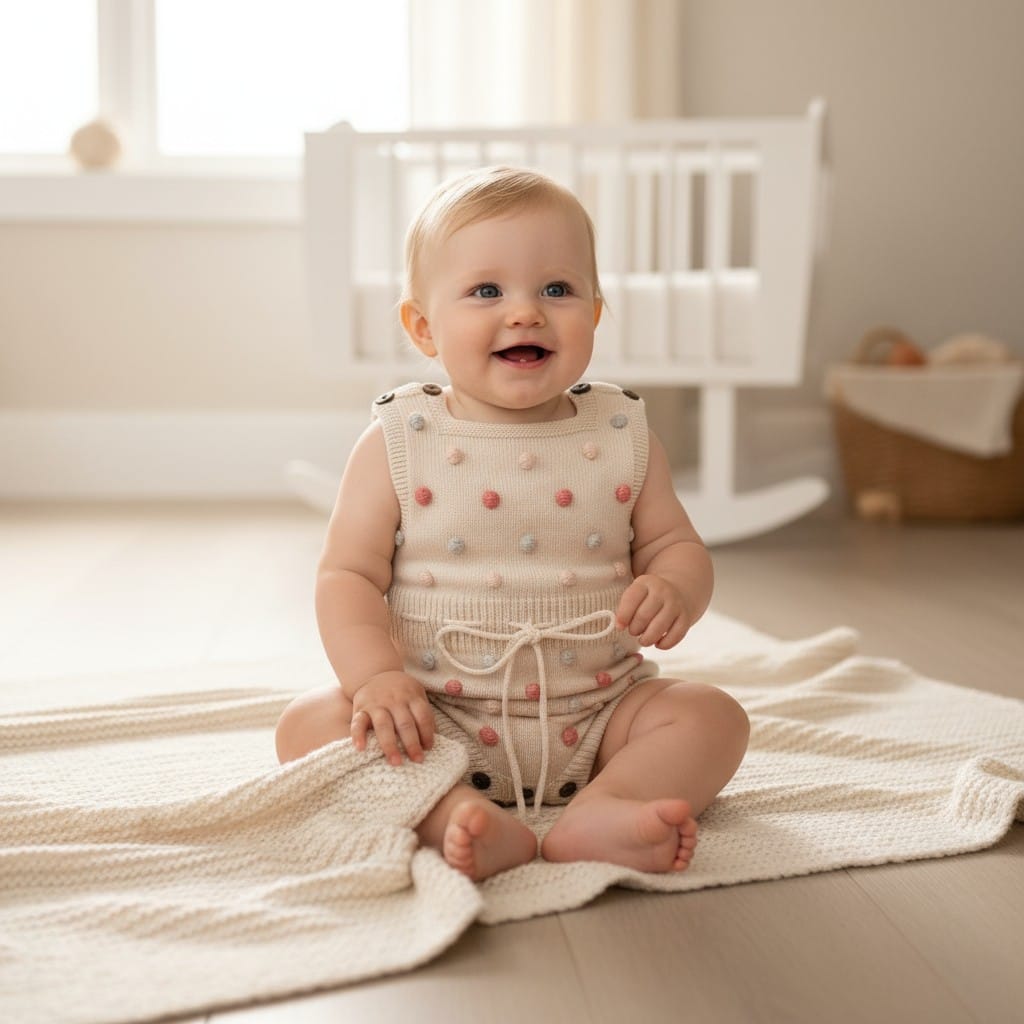 Enterito tejido 100% algodón para bebé con pompones beige