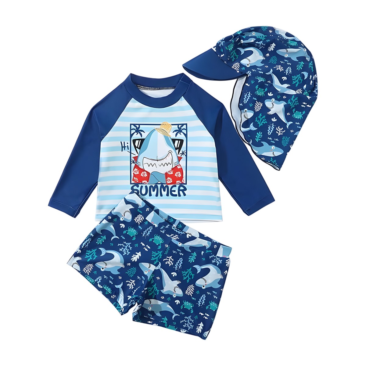 set traje de baño tiburón bebé con gorrito