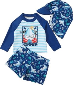 set traje de baño tiburón bebé con gorrito