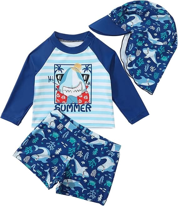 set traje de baño tiburón bebé con gorrito