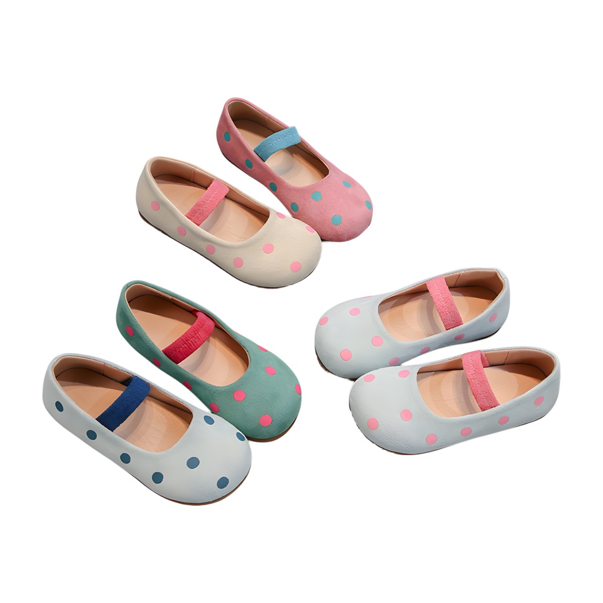 Zapato tipo bailarina para niña color rosa con lunares y suela antideslizante.