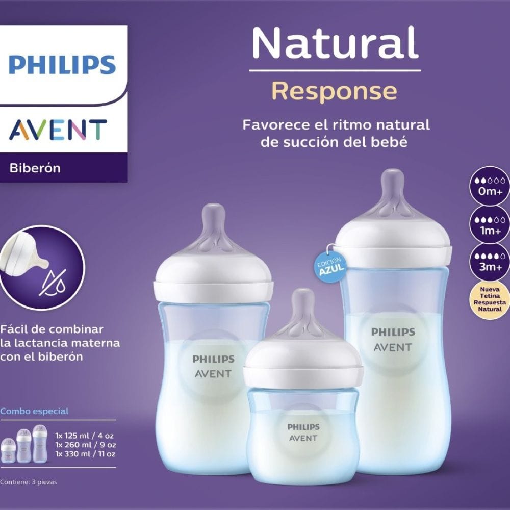 Set Triple Mamaderas Philips Avent Natural Response – Azul Presentación