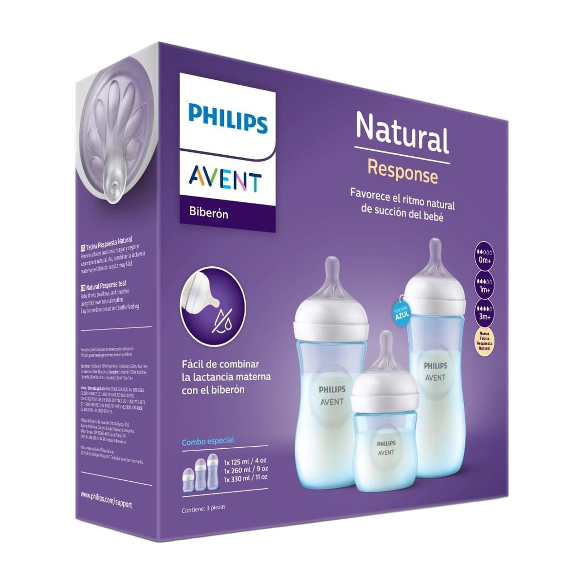 Set Triple Mamaderas Philips Avent Natural Response – Azul (125 ml + 260 ml + 330 ml)