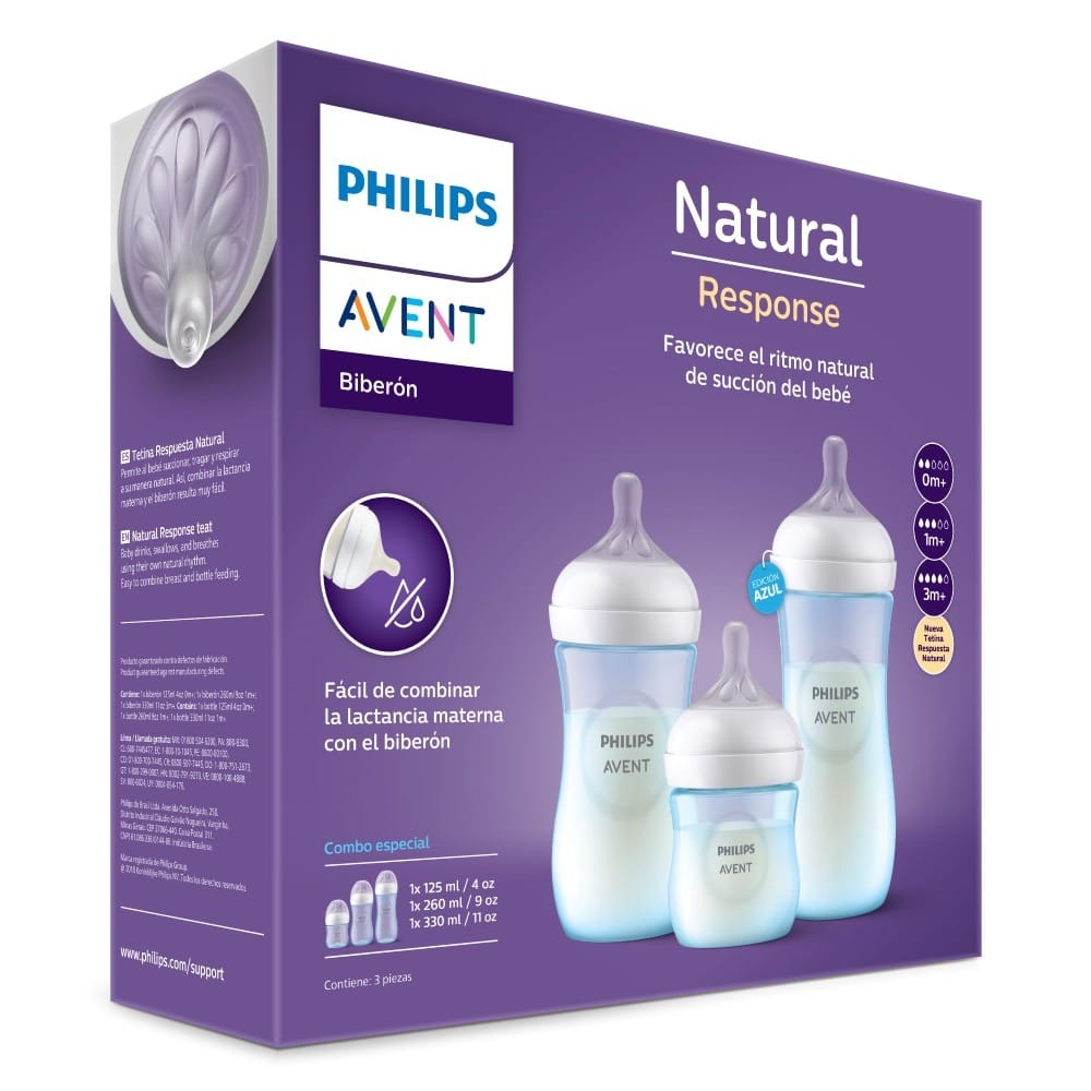Set Triple Mamaderas Philips Avent Natural Response – Azul (125 ml + 260 ml + 330 ml)