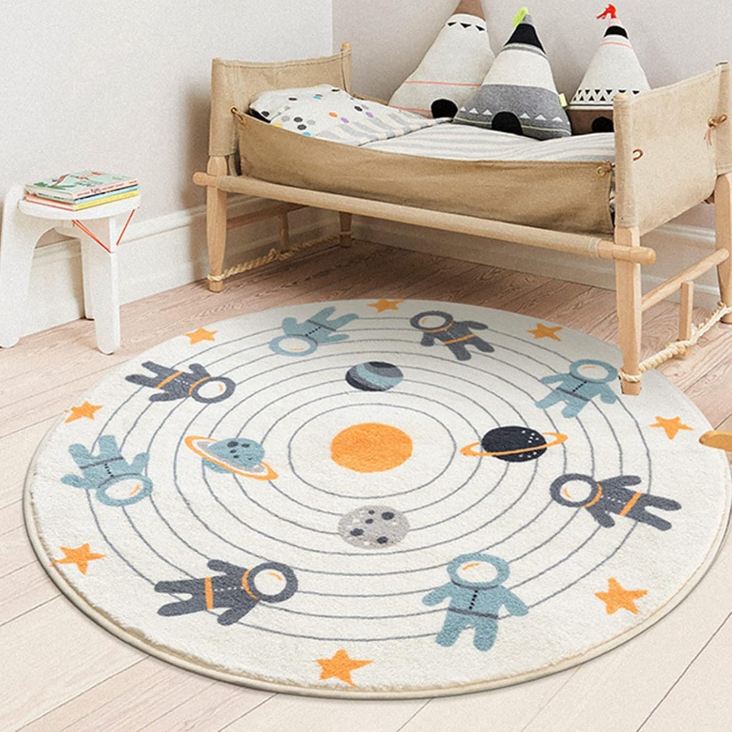 Alfombra infantil redonda de 100 cm con diseño de espacio, astronautas y planetas