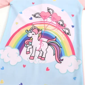 traje de baño niña upf50 una pieza con gorro y diseño unicornio, protección solar