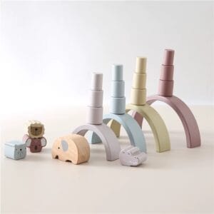 Set Montessori de equilibrio infantil – arco de madera y animales apilables