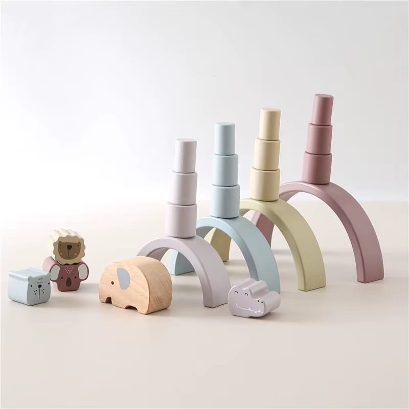 Set Montessori de equilibrio infantil – arco de madera y animales apilables