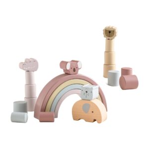 Juguete apilable Montessori para bebés – animales pastel y arco de madera