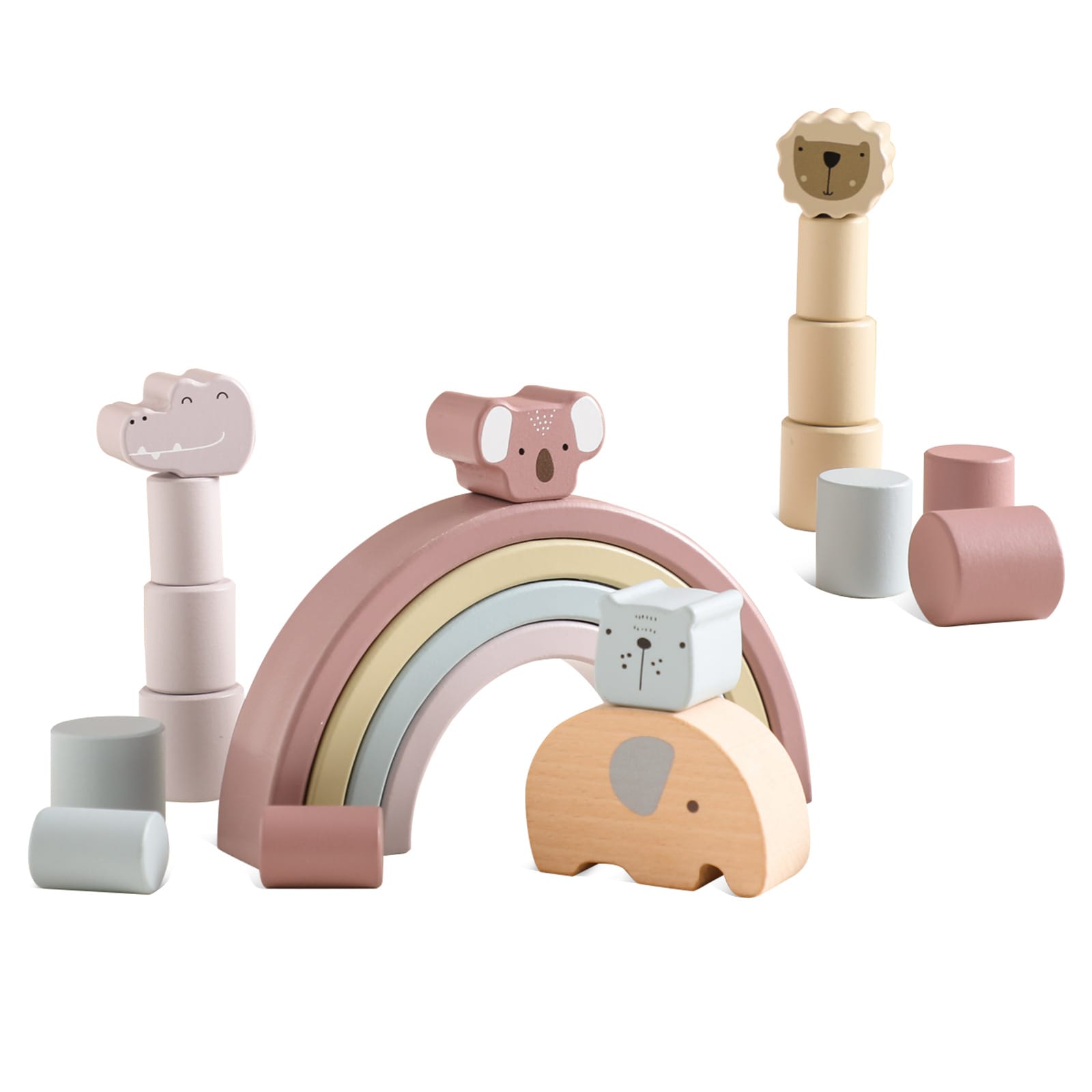 Juguete apilable Montessori para bebés – animales pastel y arco de madera
