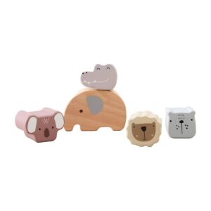 Animales de madera Montessori para apilar sobre arco pastel – juguete educativo