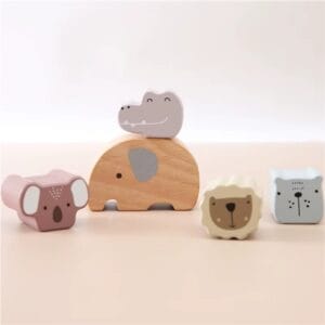 Animales de madera Montessori para apilar sobre arco pastel – juguete educativo
