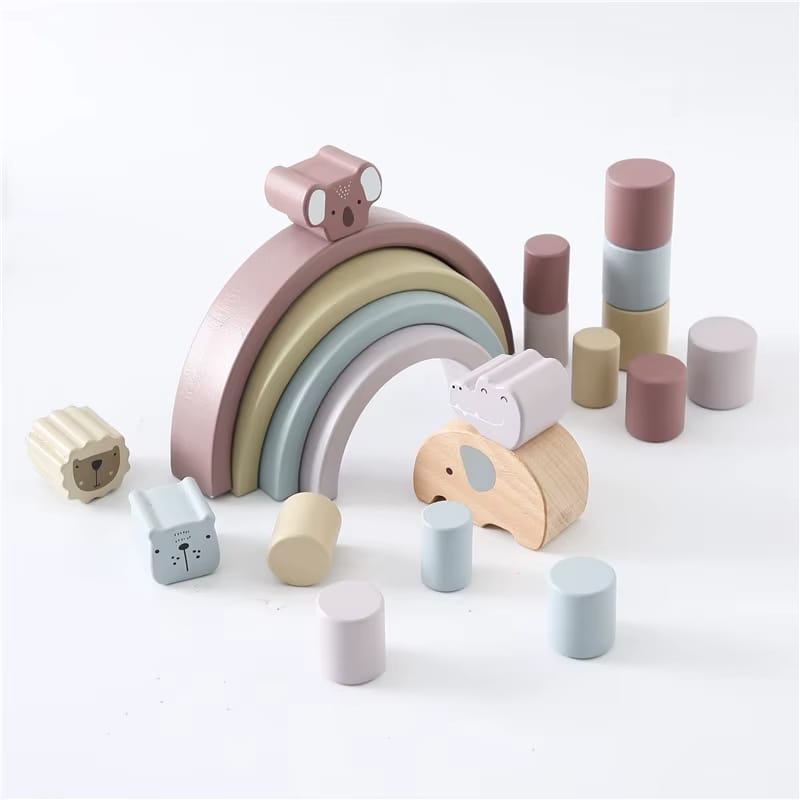 Juguete de equilibrio de arco pastel con animales – madera Montessori