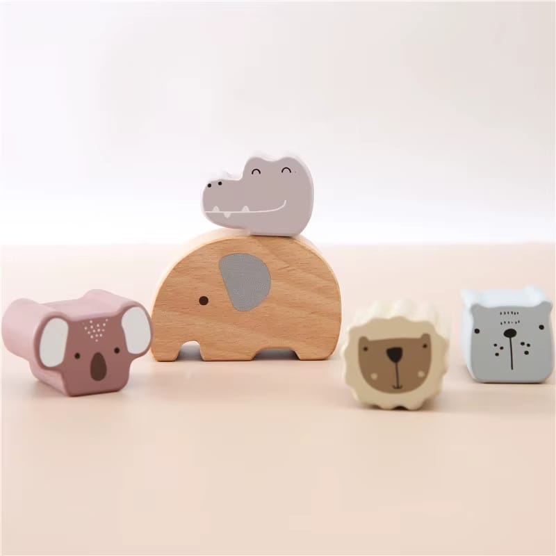 Animales de madera Montessori para apilar sobre arco pastel – juguete educativo