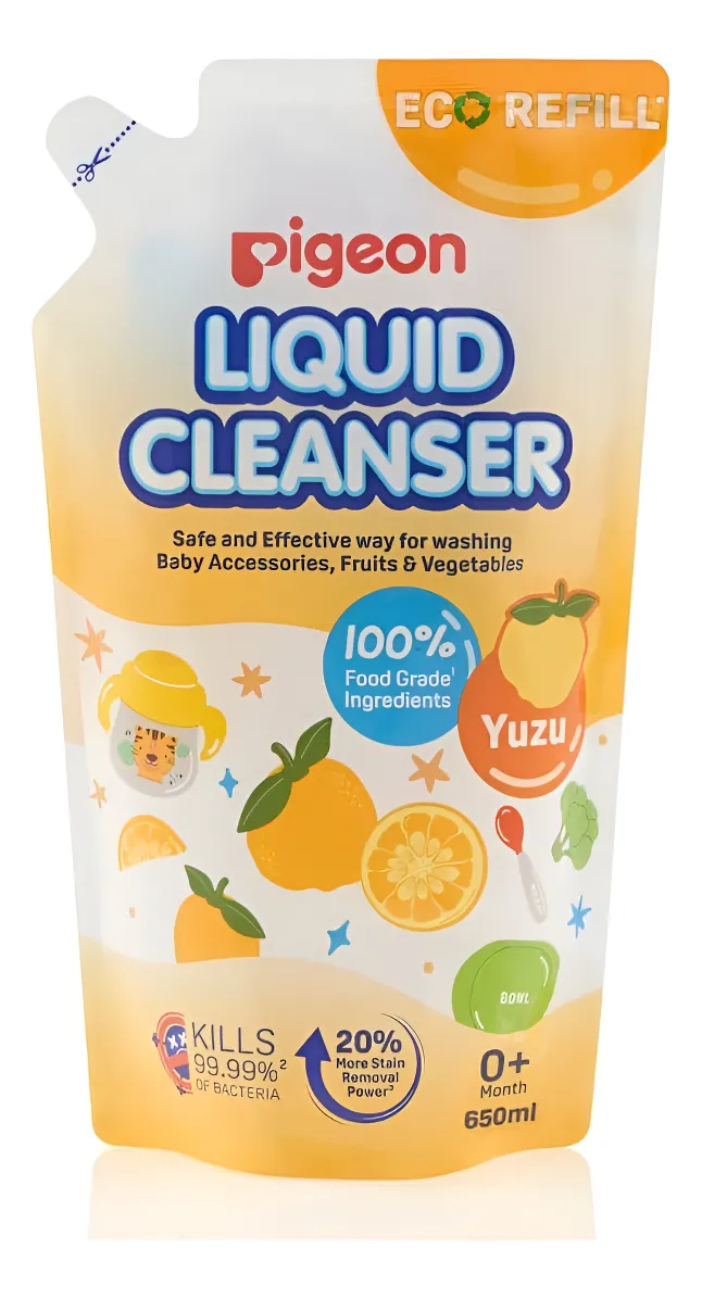Limpiador de biberones Pigeon Yuzu recarga 650 ml – elimina bacterias, seguro para bebés