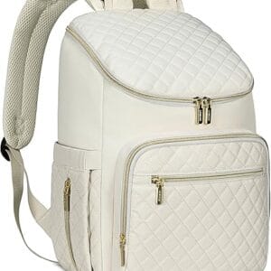 Mochila pañalera maternal beige modelo Victoria de 30 litros con diseño elegante.