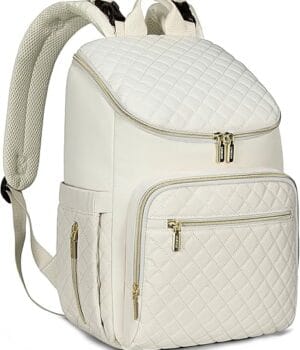 Mochila pañalera maternal beige modelo Victoria de 30 litros con diseño elegante.