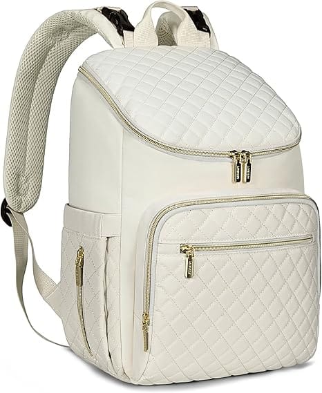 Mochila pañalera maternal beige modelo Victoria de 30 litros con diseño elegante.