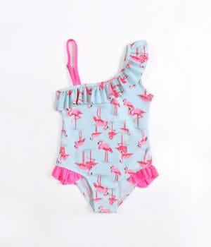 Traje de baño niña estampado de flamencos con volantes