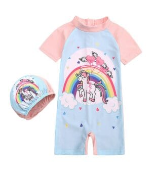 traje de baño niña upf50 una pieza con gorro y protección solar