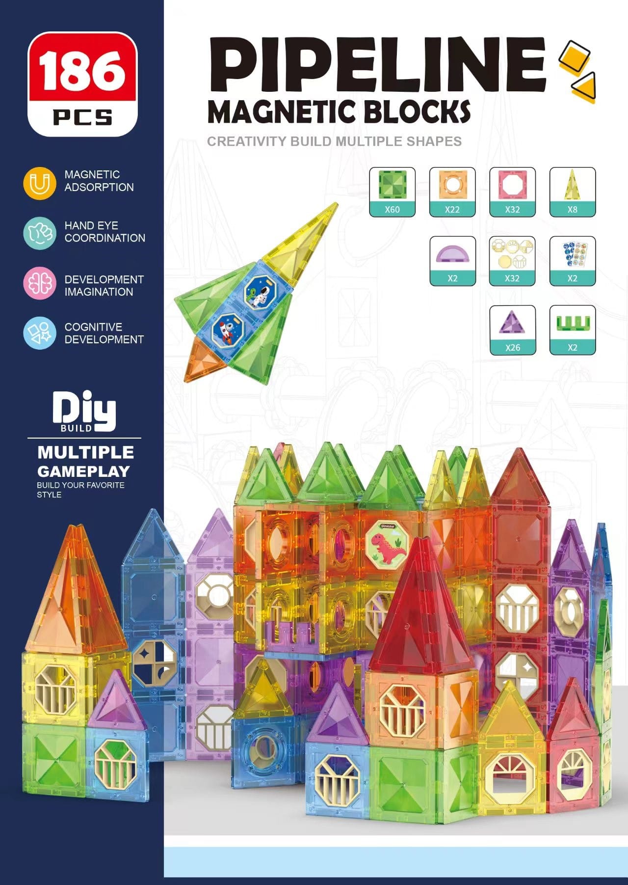 bloques magneticos 186 piezas con tubos y pista de pelotas