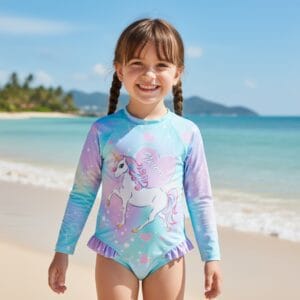 Niña usando traje de baño unicornio
