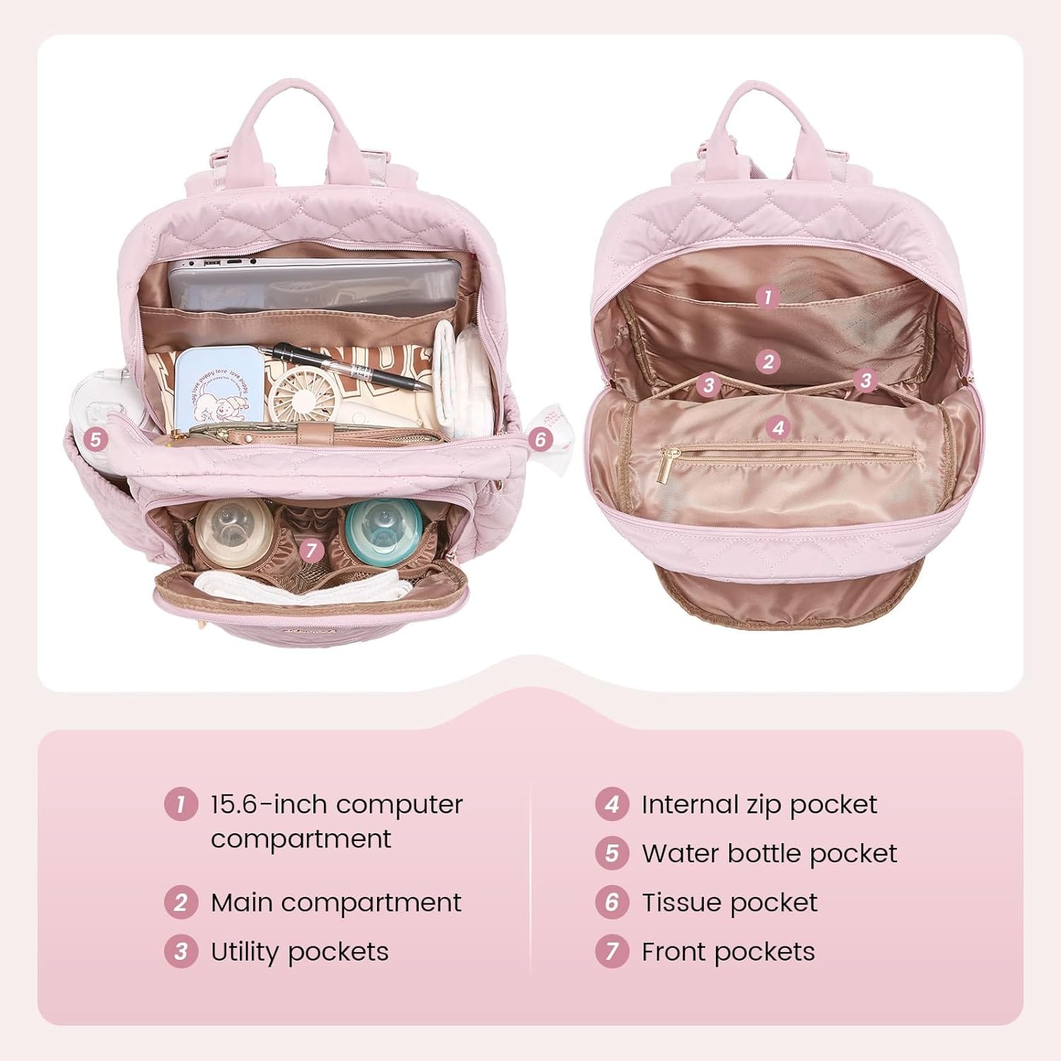 Mochila Maternal Lumi en rosa suave gran capacidad