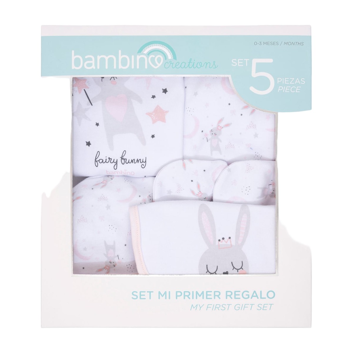Set Mi Primer Regalo Conejita para bebé, 5 piezas en algodón 100%, incluye body, panty, gorrito, babero y mitones diseño conejita.