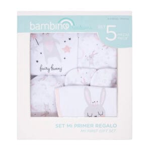 Set Mi Primer Regalo Conejita para bebé, 5 piezas en algodón 100%, incluye body, panty, gorrito, babero y mitones diseño conejita.