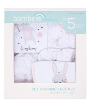 Set Mi Primer Regalo Conejita para bebé, 5 piezas en algodón 100%, incluye body, panty, gorrito, babero y mitones diseño conejita.