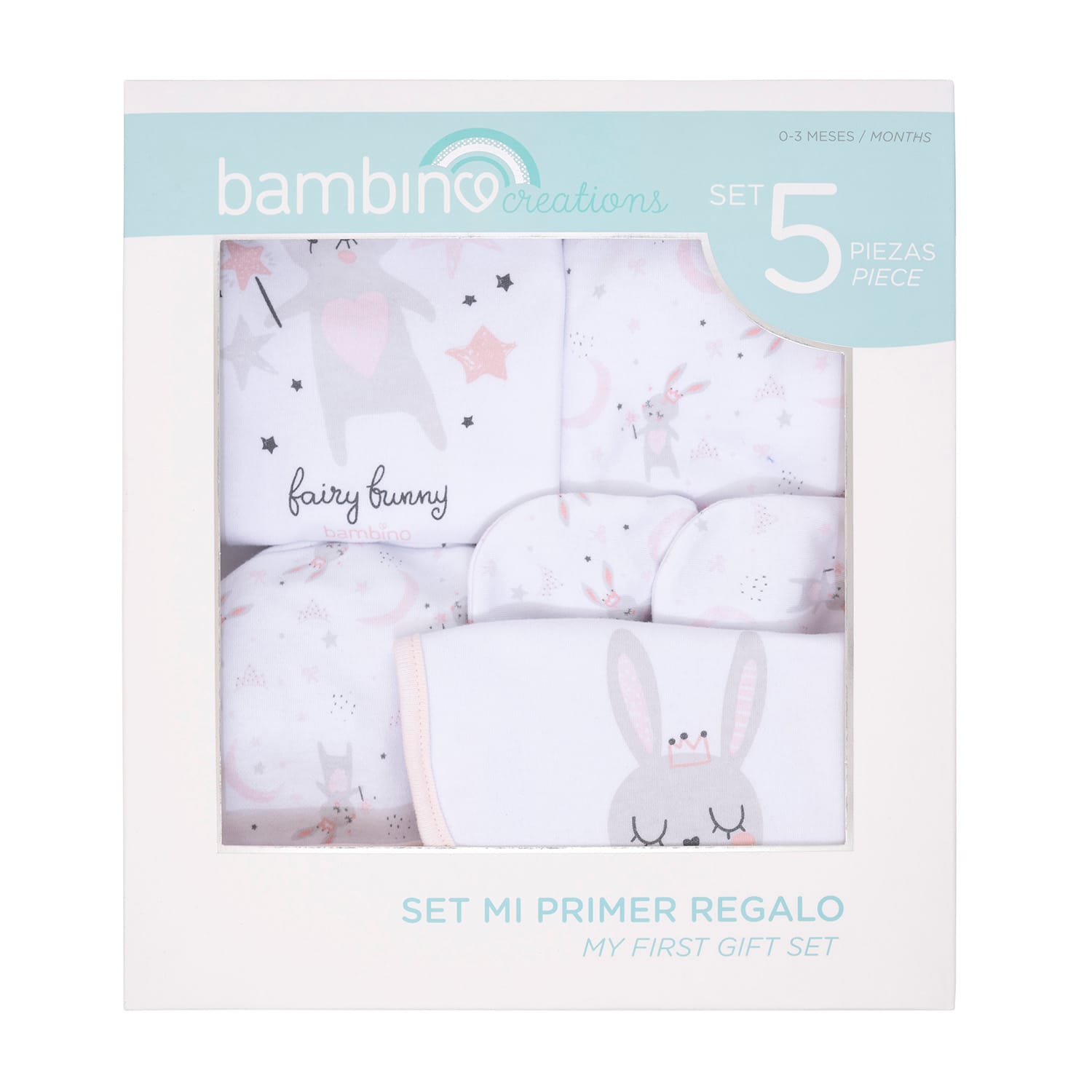 Set Mi Primer Regalo Conejita para bebé, 5 piezas en algodón 100%, incluye body, panty, gorrito, babero y mitones diseño conejita.