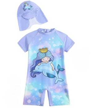 Traje de Baño Niña Completo con Gorrito – Sirena y Delfín en Tonos Pastel