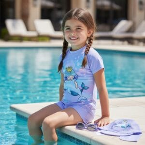 Traje de baño infantil pastel con sirena y delfín para piscina y playa