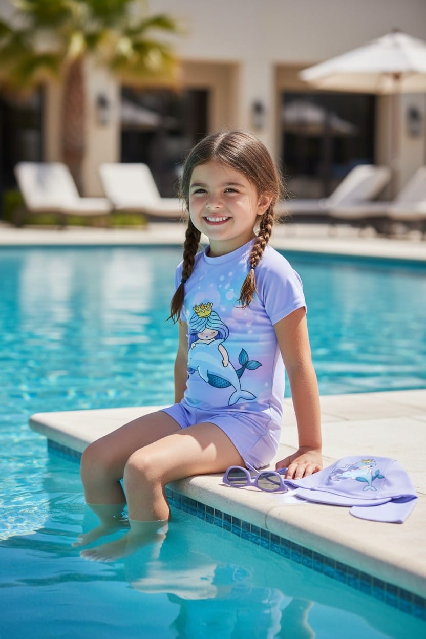 Traje de baño infantil pastel con sirena y delfín para piscina y playa