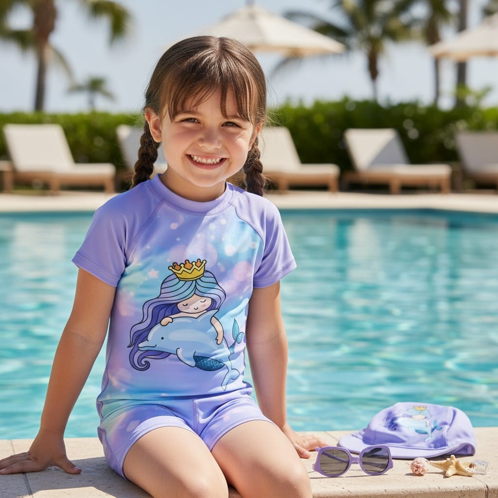 Enterito de baño infantil con manga corta y gorro protector